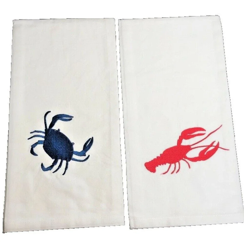 Nautical Kitchen Dish Towels Lobster Crab Embroidered Set of 2 Summer Red Blue